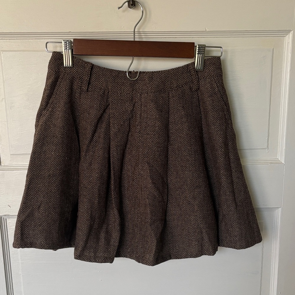 RIHOAS Brown Herringbone A-Line Pleated Mini Skirt